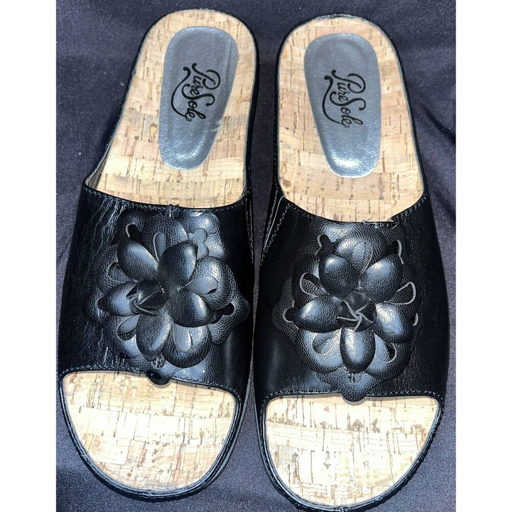 Pure Sole Cork Insole Sandals black leather with floral accent Women Sz 8 - Picture 8 of 14